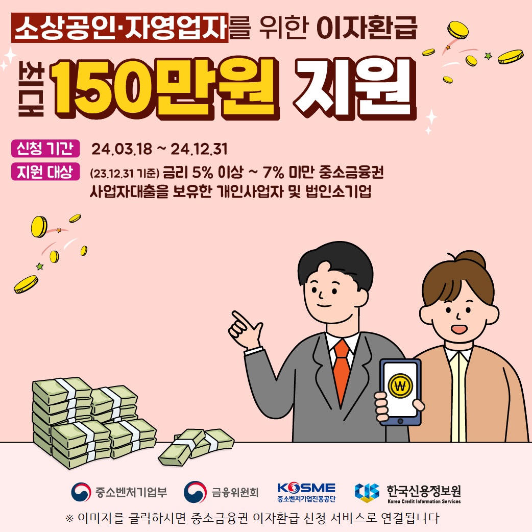 소상공인,자영업자를 위한 이자환급(신청기간: 24.03.18~24.12.31, 지원대상: (23.12.31 기준) 금리 5% 이상 ~ 7% 미만 중소금융권 사업자대출을 보유한 개인사업자 및 법인소기업